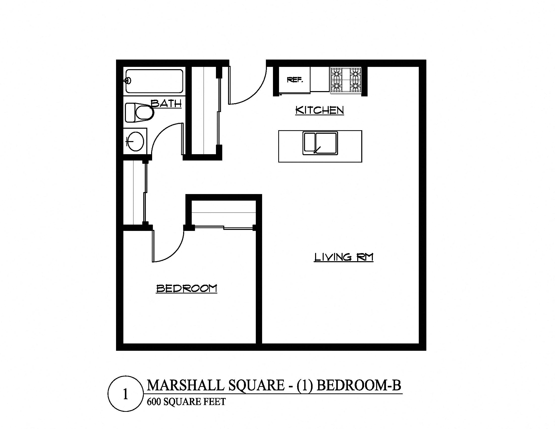 Floor plan for 1 bed, 1 bath, 600 sqft